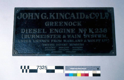 John G. Kincaid & Co. Ltd. Greenock.  Deisel Engine No. K236 (Burmeister & Wain System under licence from Harland & Wolff Ltd).