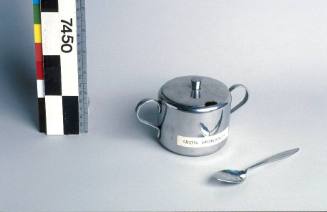 Metal sugar bowl with spoon from IRON MONARCH, Broken Hill Proprietary Company Limited.