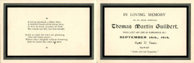 Inside view of memoriam card for Thomas Martin Gilbert