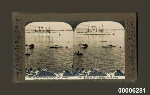 American fleet in Australia, US battleship MINNESOTA steaming up Sydney Harbour