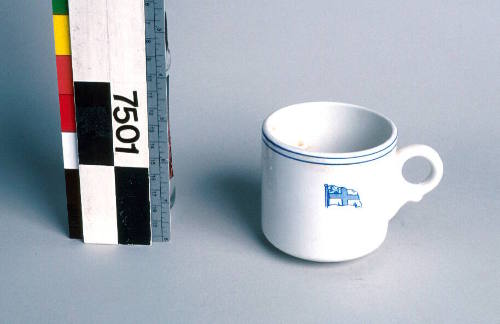 White cup with houseflag from Associated Steamships Pty Ltd.