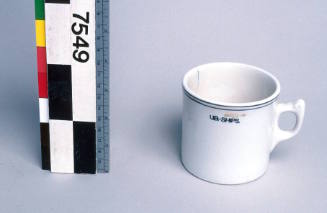 White glazed cup with handle used on SS MOBILE AUSTRALIS, Bulk Ships Pty Ltd.


