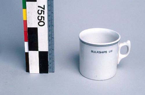 White glazed cup used on SS MOBIL AUSTRALIS, Bulk Ships Pty Ltd.

