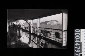 Distant view of 'The Needles' from deck of migrant ship NEW AUSTRALIA