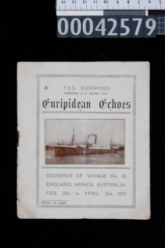 TSS EURIPIDES.  Euripidean Echoes.  Souvenir of Voyage No. 26.  England to Australia.  26 February - 2 April 1925