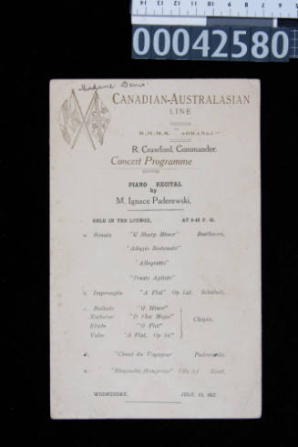 Canadian - Australasian Line, RMMS AORANGI Concert Programme