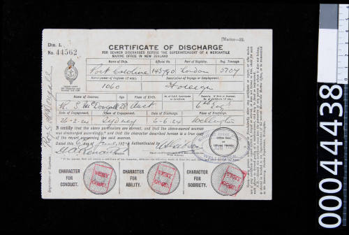 PORT CAROLINE discharge certificate