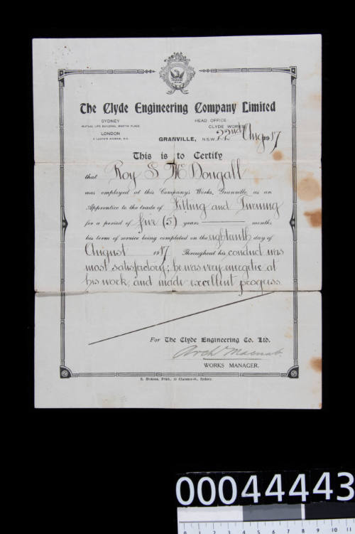 Roy McDougall certificate of conduct