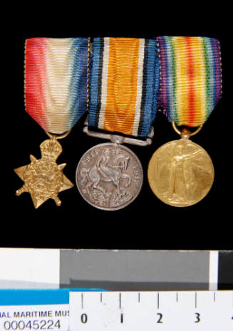 Miniatures of WWI medals awarded to Douglas Ballantyne Fraser, Royal Australian Naval Bridging Train : 1914-1915 Star, British War Medal and Victory Medal