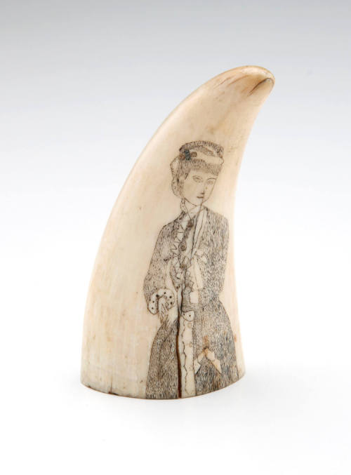 Scrimshaw depiction of fashion plate woman