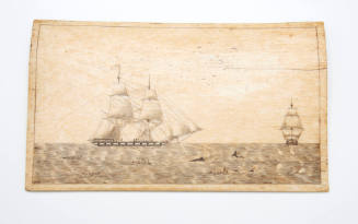 Whale pan bone panel with a scrimshawed whale hunt and two whaling brigs