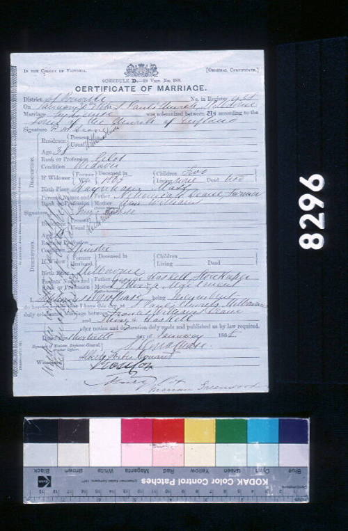 Marriage certificate of Francis Williams Deane, Pilot, and Thirza Haskell 30 January 1868