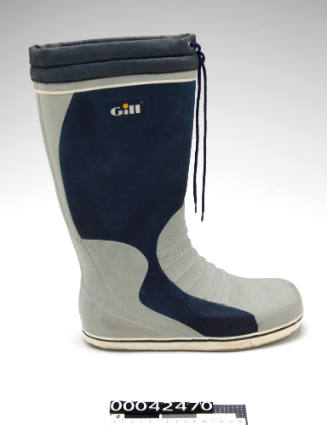 Right Gill brand wet weather boot worn on board BERRIMILLA II