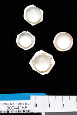 Four semi circle shaped, clear plastic nuclei, which has been glued onto roughly cut pearl shell