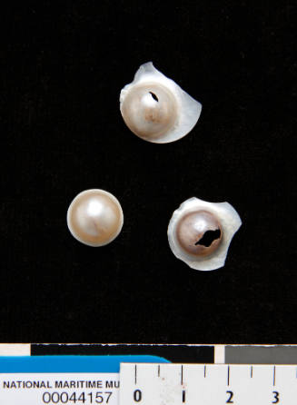 Three semi circle shaped blister pearls, two with pearl shell, and one with clear plastic nucleus