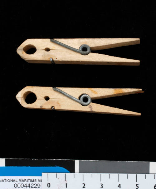 Two clothes pegs, used during the pearl seeding process to hold the shell open