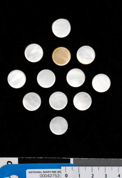 Twelve small pearl shell disks