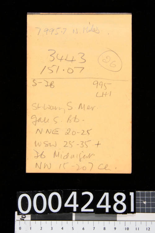 Notepad with pencil notations of weather forecasts used on board BERRIMILLA II