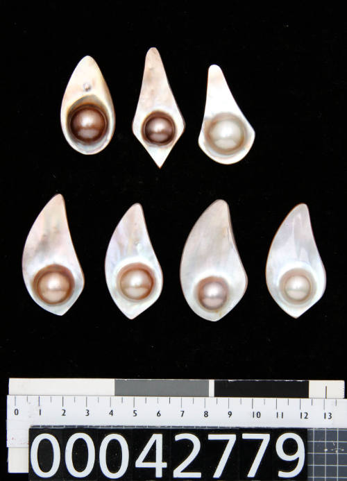 Teadrop shaped shells with cultured half-pearls