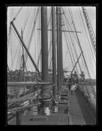 Deck, masts and rigging of HELEN B STERLING, moored in Kerosene Bay, Sydney Harbour