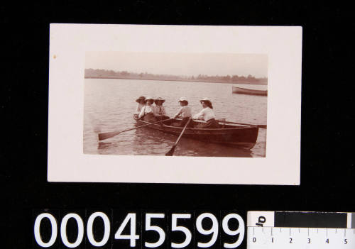 Postcard of five women rowing on Albert Park Lake