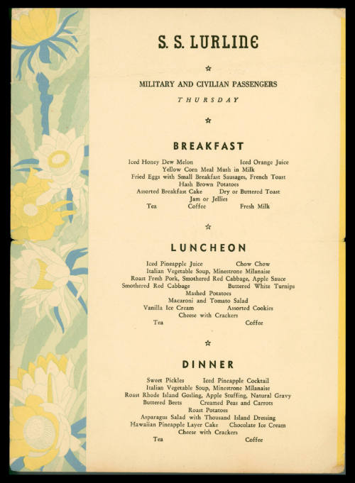 SS LURLINE daily menu, Thursday 1944