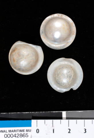 Three cultured blister pearls on pearl shell, one with plastic nucleus