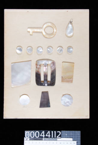 An album page with fourteen pieces of pearl shell, cut into various shapes, attached with double-sided tape