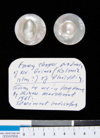 Two round disks of pearl shell, each with a central cultured blister pearl