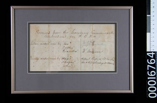 Handwritten receipt for place getters in sailing events in the Commonwealth Regatta