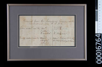 Handwritten receipt for place getters in sailing events in the Commonwealth Regatta