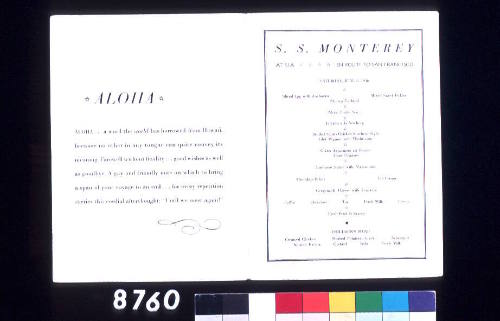 Menu from the SS MONTEREY