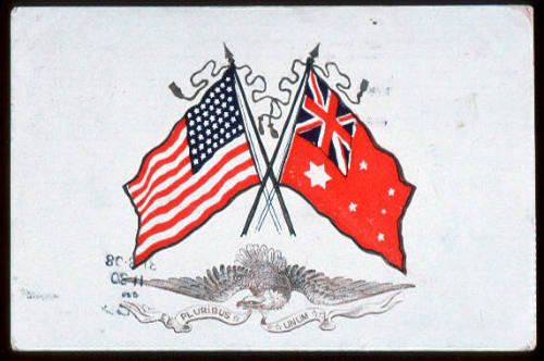 Postcard of the Australian and American flag for the USA Great White Fleet tour to Australia