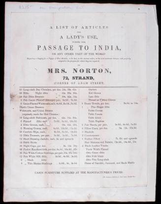 A List of Articles for a Lady's Use, during her Passage to India...