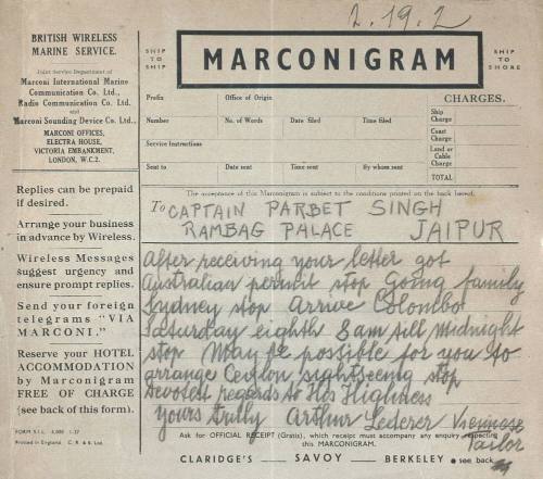 Marconigram from Arthur Lederer to Captain Parbet Singh