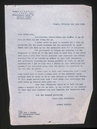 Letter from Arthur Lederer to H E Lady Max-Muller