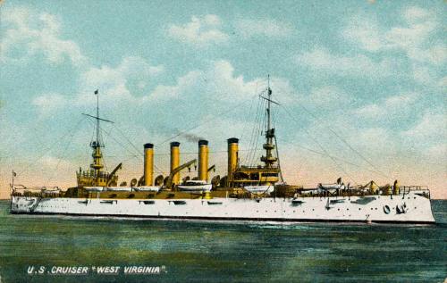 US CRUISER "WEST VIRGINIA", COLOUR OFF - SET LITHOGRAPHIC PRINT ON CARD