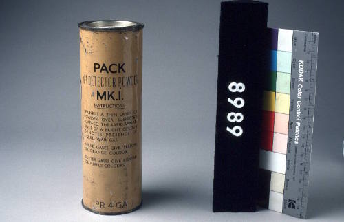 NO 1 DETECTOR POWDER MK 1, CYLINDRICAL TIN, PAINTED MUSTARD