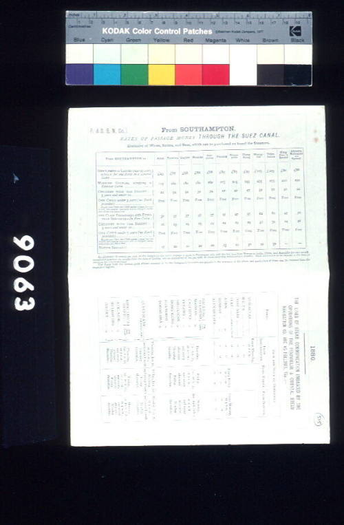 P&O SN Co. From Southhampton. Rates of passage money through the Suez canal