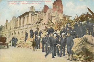 Sailors from the battle fleet viewing the ruins of Messina, Sicily, destroyed by earthquake 28 December 1908