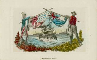 AUSTRALIA GREETS AMERICA, COLOURED ENAMELLED IMAGE ON CARDBOARD