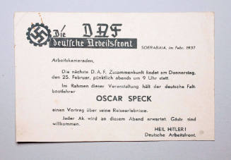 Deutsche Arbeitsfront (German Labour Front) invitation to Oskar Speck