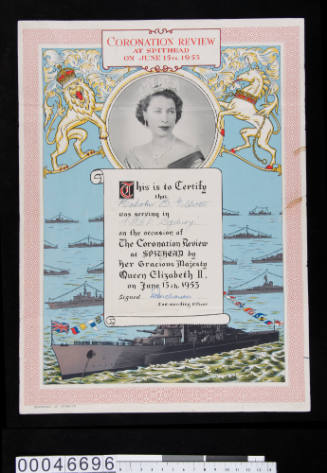 This is to certify that Malcom B Elliot was serving in HMAS SYDNEY on the occasion of the Coronation Review at Spithead by her gracious Majesty Queen Elizabeth II