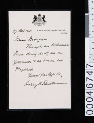 Letter from New South Wales Governor Admiral Sir Harry H Rawson to a Miss Morgan