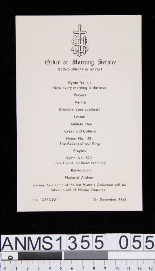 Order of Morning Service card from SS ORSOVA