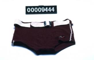 Men's swimming costume, maroon with white belt, made by Jantzen