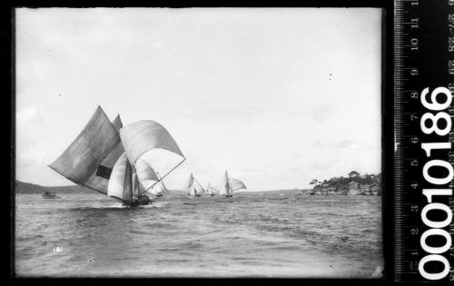 BRITANNIA and four other 18-footers racing past Steel Point, Sydney Harbour