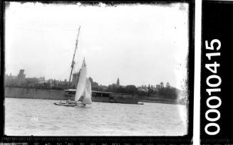 21-foot  restricted class yacht  NETTLE with the text 'C 8' on the mainsail sailing near a Navy vessel at Farm  Cove