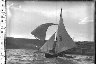 Skiff racing past a ferry, Sydney Harbour