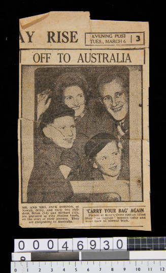 Evening Post newspaper clipping showing the Dobson family on their emigration to Australia